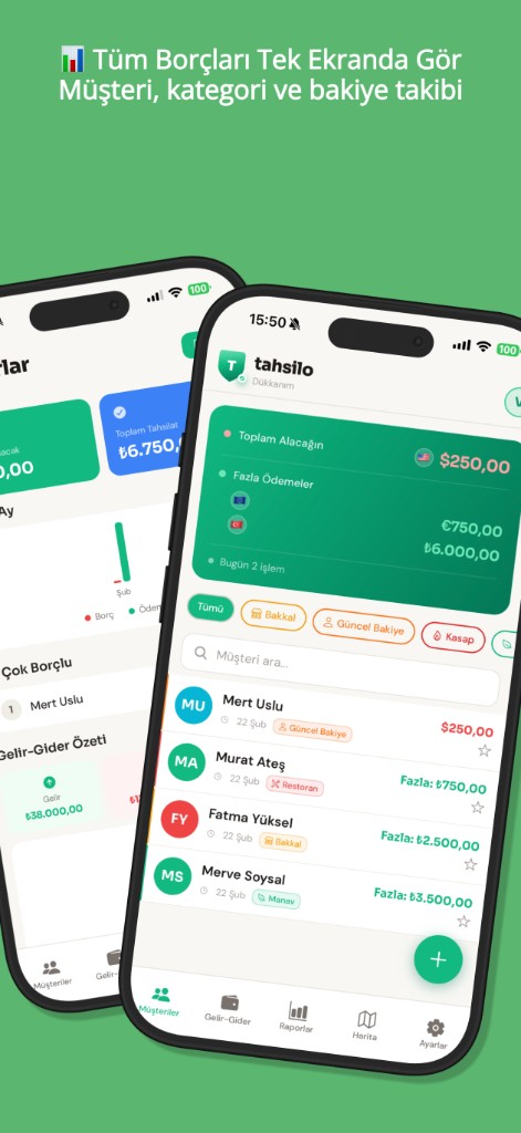 Tahsilo müşteri borç takibi ve veresiye listesi ekranı